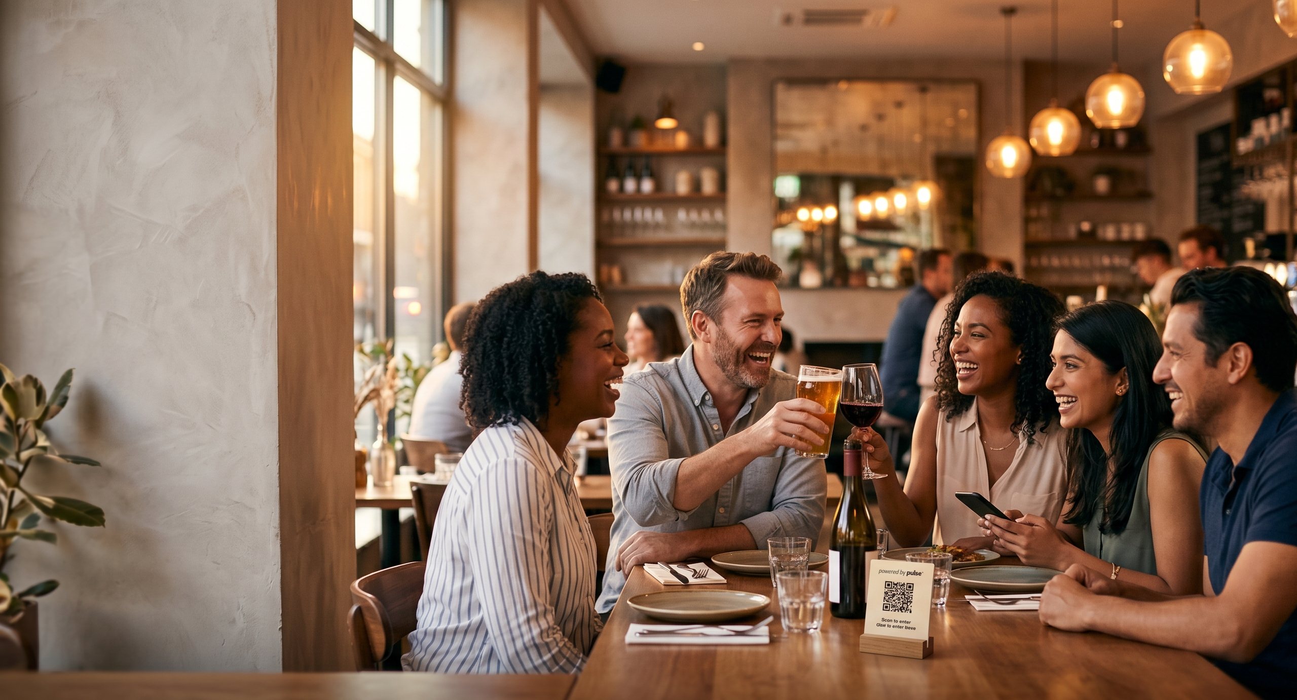 Friends enjoying a meal at a restaurant, scanning a table QR code